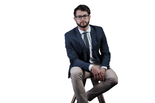 Portrait, serious and business man on chair isolated on a transparent png background. Job, professional entrepreneur and confident corporate salesman, worker and male employee in glasses in Spain