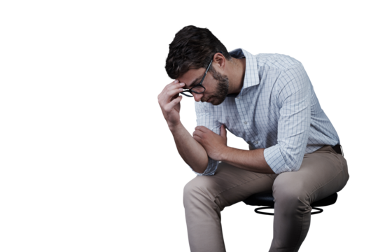 Counselling, consultation and man on a chair with depression on isolated, transparent or png background. Stress, anxiety and male client on stool for mental health assessment, help or grief support - Powered by Adobe