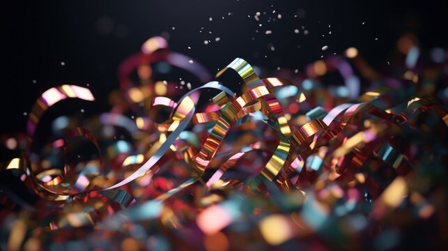 Abstract background with confetti on colorful ribbons on black backdrop
