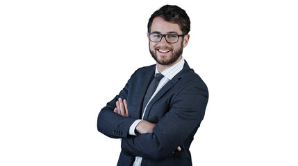 Portrait, smile and business man with arms crossed isolated on transparent png background. Happy...