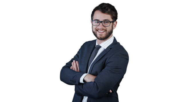 Portrait, smile and business man with arms crossed isolated on transparent png background. Happy face, professional entrepreneur in glasses or confident salesman, pride or corporate employee in Spain