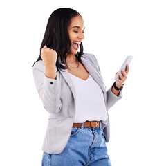 Woman, cellphone and celebration winner fist or competition victory, good news or isolated on...