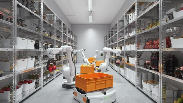 Storage Room Of A Restaurant Or A Cafe With Robot Arms Preparing Foods, Healthy Eating, Fruits And Vegetables.