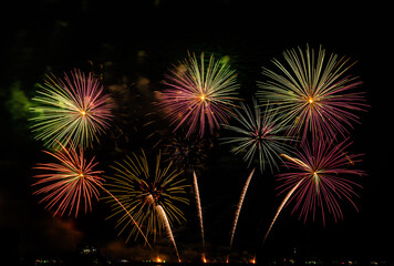 Fireworks show under defocus or blur concepts with isolated black background at night, this celebration is for the International Fireworks Festival in Pattaya on Nov 24-25 in Thailand