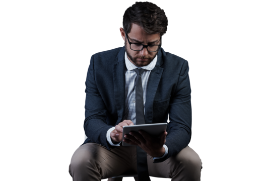 Businessman, tablet and research on chair by social media, website or internet for information, data or feedback. Male person, technology and online trading on isolated or transparent png background
