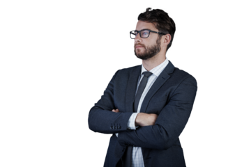 Man, thinking and arms crossed for future idea and isolated on transparent png background. Confident, young and financial clerk working for career, and startup with a businessman for corporate job