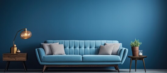 Blue stylish living room with a retro elegant sofa.