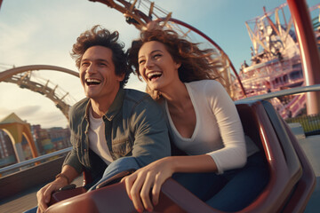 A couple laughing together on a roller coaster