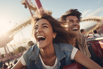 Fototapeta premium A couple laughing together on a roller coaster