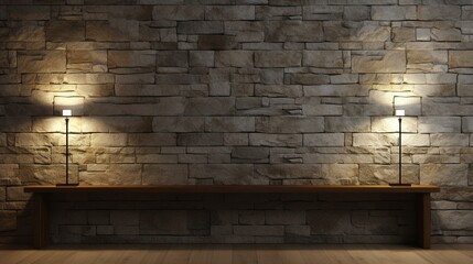 Explore the contemporary elegance of an empty room adorned with stone wall lamps in this 3D . The interplay of light on the textured stone wall adds a touch of modern sophistication to the interior. - obrazy, fototapety, plakaty