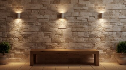 Explore the contemporary elegance of an empty room adorned with stone wall lamps in this 3D . The interplay of light on the textured stone wall adds a touch of modern sophistication to the interior. - obrazy, fototapety, plakaty