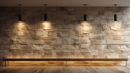Explore the contemporary elegance of an empty room adorned with stone wall lamps in this 3D. The interplay of light on the textured stone wall adds a touch of modern sophistication to the interior. - obrazy, fototapety, plakaty