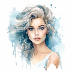 Bright illustration of a woman's portrait, watercolor art, fictional character created by AI