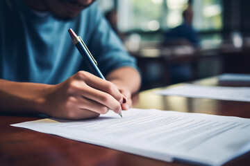 A person signing a document or contract with a pen