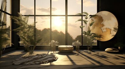 3D garden-inspired empty room corner, adorned with captivating black and gold swirls. Sunlight bathes blank pastel walls and a wooden floor, casting gentle window shadows. - obrazy, fototapety, plakaty