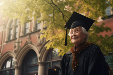 Portrait of an elderly woman on her university graduation day, wearing the traditional cap and gown