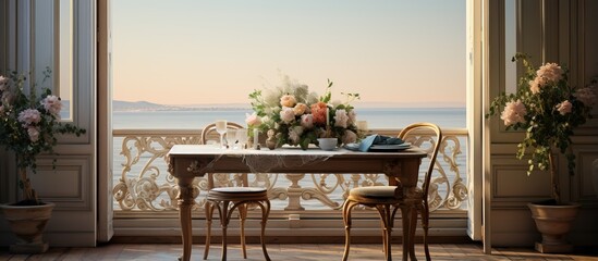 A balcony overlooking a dining room table