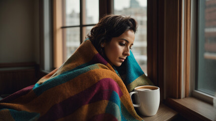 In a close-up shot, a woman dressed in a cozy sweater holds a mug, braving the winter cold amidst falling snowflakes, portraying a sense of warmth and comfort in the chilly weather  - obrazy, fototapety, plakaty