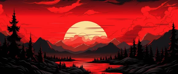 Poster Landscape vector red comic style background design © Muhammad