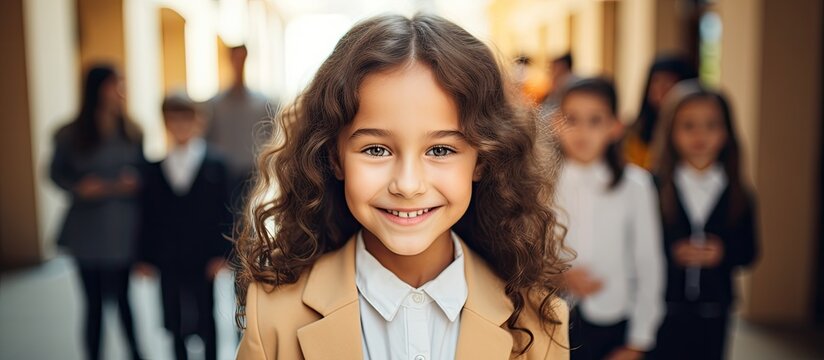 Happy young girl with male classmates in school