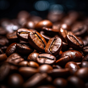 A realistic photographic of macro shot Brown Roasted Coffee Beans Closeup On a dark Background. © Jarumas