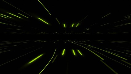 Hi-tech futuristic floating lines in dark space background, Lime green color glowing lines moving on black background