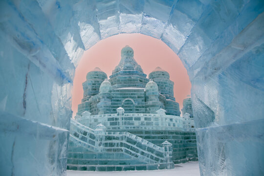 Ice building in close up during the sunset, Harbin, Heilongjiang, China.