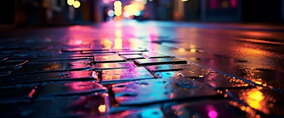 Multi-colored neon lights on a dark city street, reflection of neon light in puddles and water....