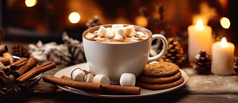 Hot chocolate with marshmallows and cookies on a plate near a decorated fireplace.