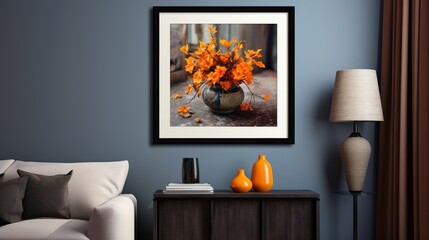 This 3D background features a delightful interplay of colors, from warm oranges to cool blues, creating an attractive and balanced visual. The lifelike image is framed as a mockup poster.