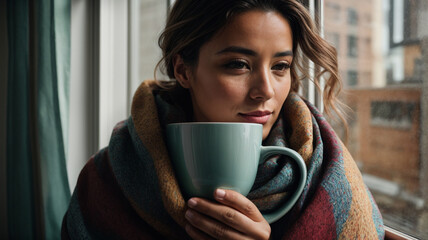 In a close-up shot, a woman dressed in a cozy sweater holds a mug, braving the winter cold amidst falling snowflakes, portraying a sense of warmth and comfort in the chilly weather  - obrazy, fototapety, plakaty