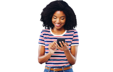 Happy woman, student and phone for social media, reading news or communication for opportunity. Young African person typing, scroll or search internet on mobile isolated on transparent PNG background