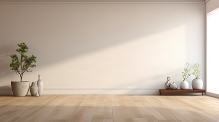 3D-ed modern empty room. The wooden floor and expansive white wall create an inviting canvas, while a marble. Immerse yourself in the seamless fusion of style and realism in this 3D illustration.