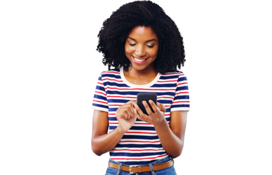 Happy woman, student and phone for social media, reading news or communication for opportunity. Young African person typing, scroll or search internet on mobile isolated on transparent PNG background