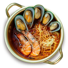 jamppong, Spicy mixed-up seafood noodle soup, Korean noodle soup with red spicy seafood, rice and  kimchi isolate on white with clipping path.