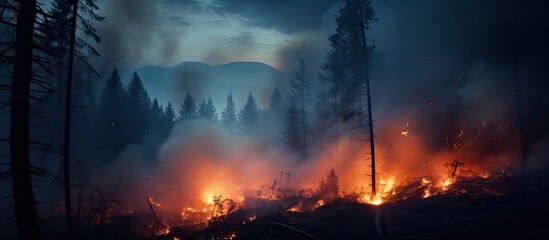 Forest fire at night with smoke.