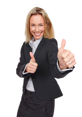 Happy business woman, portrait and thumbs up for agreement vote, motivation or work ethic praise....