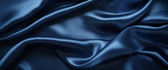 Fototapeta premium Navy blue silk satin. Silky shiny fabric. Dark luxury background with space for design. Banner. Wide. Long. Panoramic. Template. Empty. Flat lay, top view table. Beautiful.Elegant.Birthday,Christmas