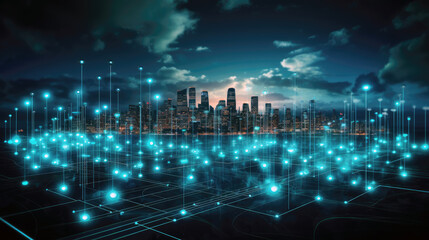 a city skyline with a lot of blue lights and dots represent data stream and connection