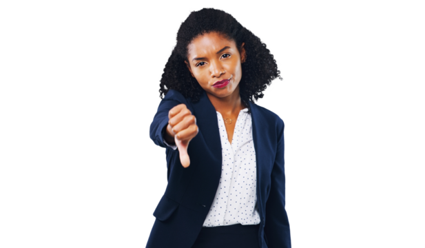Businesswoman, portrait and thumbs down for bad management and isolated on transparent png background. Unhappy worker, professional and disappointed with boss, work ethic and working environment