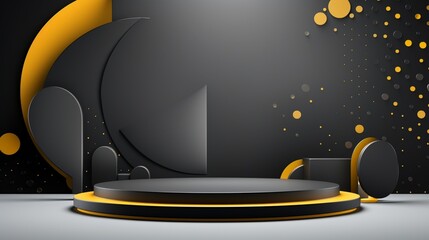 3D background featuring a cylinder podium. Charcoal and yellow tones converge in the glowing light semi-circles, crafting an abstract for mockup product displays and stage showcases. 
