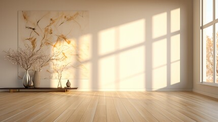 Sunlight delicately illuminates blank pastel walls and a wooden floor, creating a serene atmosphere enriched by window shadows. On the floor, a vase stands as a symbol of natural beauty,
