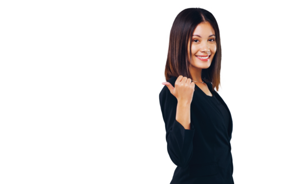 Business woman, hand or pointing to presentation for news, information or opportunity in human resources. Portrait, professional worker and career announcement isolated on transparent PNG background
