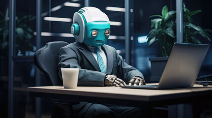 a robot sitting at a desk in front of a laptop represent a boring work life