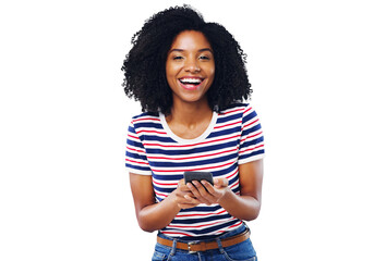 Happy woman, student portrait and phone for social media, news or communication of college opportunity. Face of young African person on mobile for education isolated on a transparent, PNG background