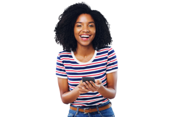 Happy woman, student portrait and phone for social media, news or communication of college opportunity. Face of young African person on mobile for education isolated on a transparent, PNG background