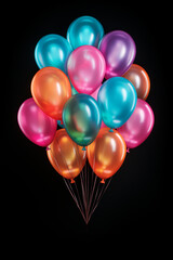 fliegende bunte neon Party Ballons in vielen verschiedenen Farben auf schwarzem Hintergund. Generative Ai.