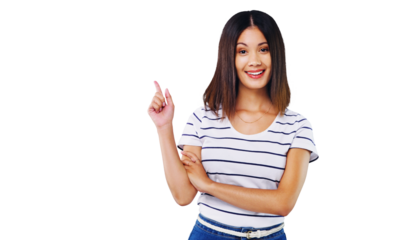 Isolated woman, smile and pointing in portrait for choice, review or presentation by transparent png background. Girl, model or person with hand, sign and decision with feedback, pride and promotion