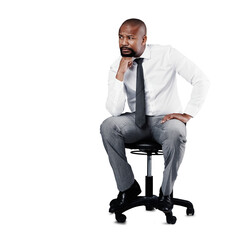 Businessman, thinking and idea for decision, office chair and isolated on transparent png...