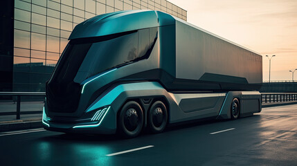 a futuristic large semi truck driving down a highway